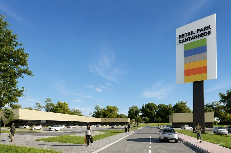 Cantanhede Retail Park, render exterior com a sinalética do projeto